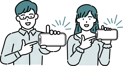 スマートフォンを持って笑顔で指差す男女のイラスト